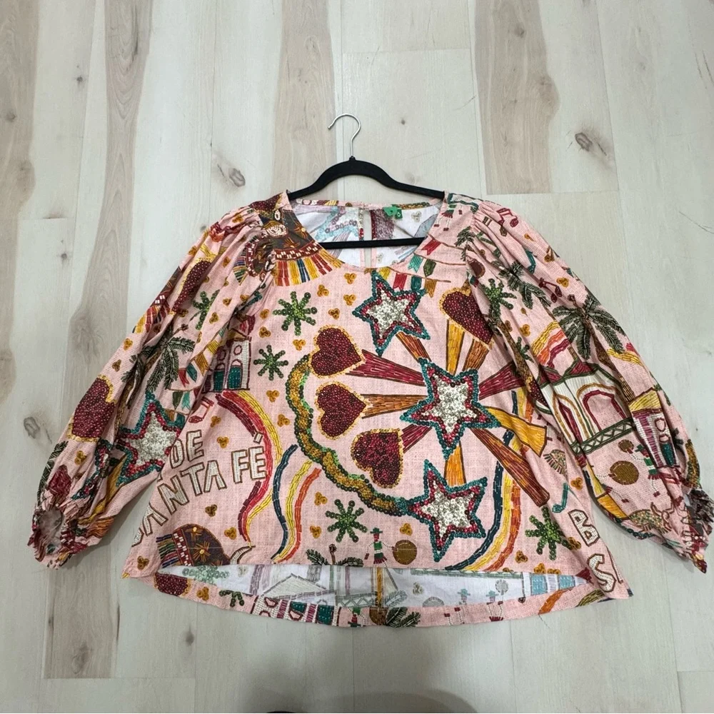 EUC FARM Rio Women's Size G (Med/Large) Printed Blouse Multi Color Puff Sleeves